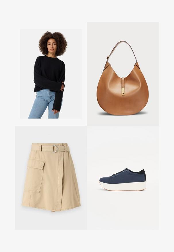 Schwarzer Strickpullover mit strukturiertem Stoff, lockerer Passform und weiten Ärmeln, kombiniert mit hellblauen Jeans.; Beiger Baumwollrock mit einer Seitentasche, tailliertem Bund mit einem silbernen Ring und einer leicht A-Linienform. Glatte Textur und schlichtes Design.; Dunkelblaue Sneaker mit einem strukturierten Obermaterial, weißer Plattformsohle, runder Zehenpartie und schwarzem Fersenakzent. Verfügt über sechs Ösen für die Schnürsenkel.; Taschenhandtasche aus braunem Leder mit geschwungener Form und breitem Schultergurt. Sie verfügt über einen goldenen Metallakzent in der Mitte und eine glatte Textur.
