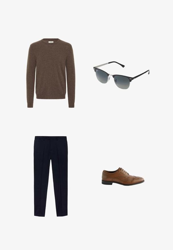 Ruskea neulepaita, jossa on pyöreä pääntie, pitkät hihat ja pehmeä pinta. Yksinkertainen muotoilu ilman näkyviä kuvioita tai yksityiskohtia.; Kolme t-paitaa: yksi musta ja kaksi valkoista. Jokaisessa on pyöreä kaula-aukko, lyhyet hihat ja ne on valmistettu sileästä puuvillakankaasta.; Tummansiniset housut, joissa on tasainen etuosa, valmistettu sileästä kankaasta. Ominaisuuksiin kuuluvat kaksi sivutaskua ja vetoketjulla varustettu napitus.; Ruskeat nahkakengät, joissa on monimutkaisia broguing-yksityiskohtia, pyöreä kärki ja tasainen kanta. Varustettu viidellä nauha-aukolla ja sileällä pinnalla.; Mustat ja hopeiset aurinkolasit, joissa on kissansilmämuoto, gradientti linssit ja metalliset yksityiskohdat kehysissä. Muoviset sangan päät harmaat.