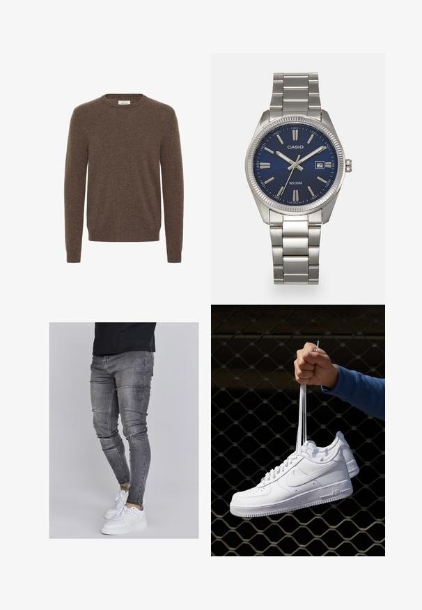 Pruun kudumiga sviiter, millel on ümmargune kaelus, pikad varrukad ja pehme tekstuur. Lihtne disain, ilma nähtavate mustrite või aktsentideta.; Kitsad teksad tuhmhall denimil, millel on kulunud detailid põlvedes, koos valgete tossudega. Sile tekstuur, kitsas lõige.; Valged nahast tennisetossud, millel on perforatsioonid, ümar nina, lame tallus ja paksud nöörid, nähtava swooshi logoga ja "AIR" kontsadel.; Hõbedane roostevabast terasest käekell, tumesinise lõpliku, metallsete tuntud numbrite ja kuupäevanäidikuga kell 3 juures. Veekindel kuni 50 meetrit.