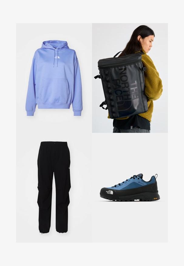 Sweatshirt com capuz de cor lilás claro, feito de tecido suave, com um bolso frontal, punhos canelados e um pequeno logótipo no peito.; Calças exteriores pretas feitas de material durável, com um ajuste relaxado, cintura elástica e punhos ajustáveis para comprimento personalizável.; Sapatos de caminhada em azul e preto com um design à prova d'água, tecido texturizado e sola de borracha Vibram para uma melhor aderência e durabilidade.; Mochila impermeável preta com fecho de zíper, apresentando um grande logótipo, correias laterais e uma alça resistente, usada sobre uma jaqueta de fleece verde.