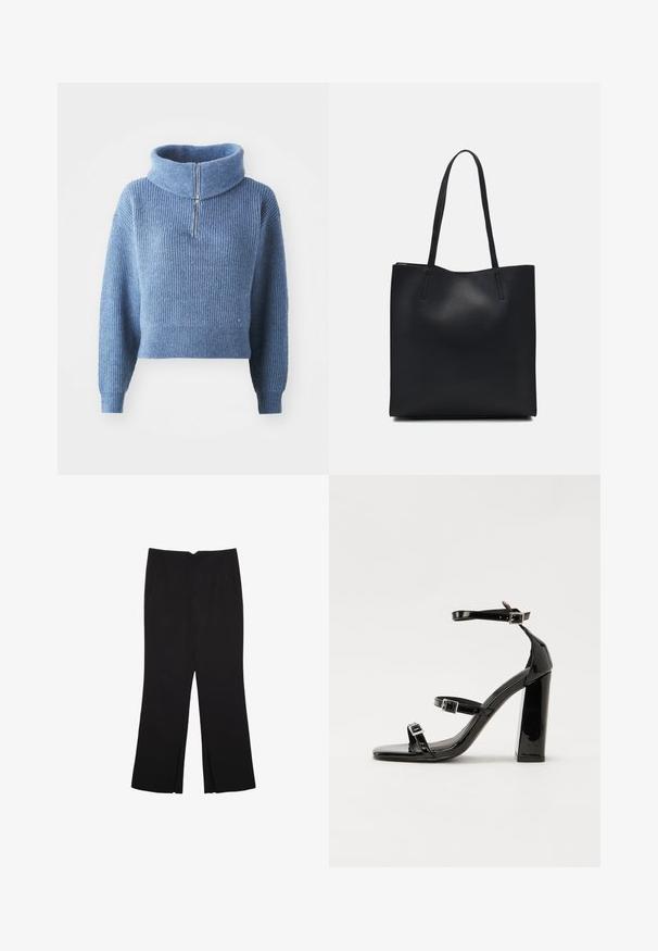 Niebieski sweter z dzianiny z wysokim kołnierzem i zamkiem błyskawicznym na pół. Posiada prążkowaną fakturę, długie rękawy i krótki krój.; Czarne spodnie o prostym kroju, z przednimi kieszeniami i bocznymi rozcięciami na dole. Wykonane z miękkiego, gładkiego materiału. Odpowiednie na różne okazje.; Czarne lakierowane sandały na obcasie z kwadratowym noskiem, z paskami wokół kostki i srebrnymi klamrami. Posiadają masywny słupek dla stabilności.; Czarna skórzana torba tote o gładkiej fakturze, prostokątnym kształcie i dwóch długich uchwytach. Brak widocznych elementów metalowych i ozdób.