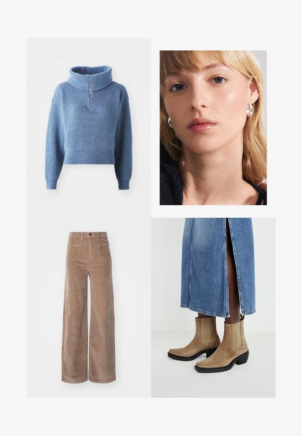 Niebieski sweter z dzianiny z wysokim kołnierzem i zamkiem błyskawicznym na pół. Posiada prążkowaną fakturę, długie rękawy i krótki krój.; ONLY - Spodnie materiałowe; Zamszowe botki do kostek w kolorze brązowym z elastycznymi bocznymi panelami i czarnym słupkowym obcasem. Noszone z jasnoniebieską dżinsową spódnicą z bocznym rozcięciem.; Pilgrim ASHER srebrny