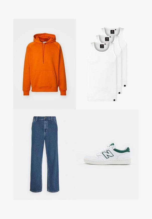Felpa arancione con tasca a marsupio frontale, cappuccio con coulisse e polsini a coste. Realizzata in tessuto morbido con una superficie liscia.; Tre canotte bianche a coste in cotone. Presentano un colletto rotondo e piccole etichette nere vicino all'orlo. Disponibile in diverse taglie.; Jeans in denim blu con taglio dritto, design a cinque tasche, chiusura con bottone metallico e cuciture visibili lungo le cuciture e l'orlo.; Sneaker bianco con accenti verdi, tomaia in pelle, punta perforata, chiusura con lacci e suola in gomma testurizzata. Presenta un logo "N" ben visibile.