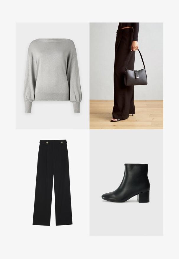 Ασημί πλεκτό πουλόβερ με άνετη εφαρμογή, φαρδύ λαιμόκοψη και μανίκια μπαλόνι. Διαθέτει ριγωτό τελείωμα και μανσέτες, με λεπτή λαμπερή υφή.; Μαύρο παντελόνι φόρμας σε φαρδιά γραμμή με ψηλή μέση, κουμπιά στη μέση και πλαϊνές τσέπες.; Μαύρες δερμάτινες μπότες αστράγαλου με μυτερή μύτη και χοντρό τακούνι. Λείο υλικό με ελάχιστες λεπτομέρειες και κομψό, εφαρμοστό σχέδιο.; Μαύρη τσάντα χειρός με δομημένο σχήμα, λεία υφή και μεταλλικό κούμπωμα. Συνδυασμένη με φαρδιά μαύρα παντελόνια και σανδάλια ανοιχτής μύτης πάνω σε ξύλινο πάτωμα.