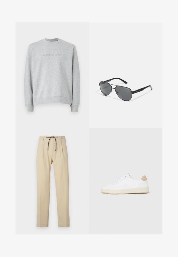 Siv sweater iz mehkega materiala. Ima okrogel ovratnik, dolge rokave in vrezano "MICHAEL KORS" logo spredaj. Preprost dizajn.; Bež hlače s ravnim krojem, z elastičnim pasom, plisejem na sprednji strani in gladko teksturo. Preprost, vsestranski dizajn.; Bele nizke superge z zgornjim delom iz teksturirane usnjene površine, smetano obrobljenim podplatom in svetlo rjavo akcentom na peti. Imajo bele vezalke in podrobnost z logotipom na peti.; Črne aviatorske sončna očala s temnimi lečami, tankim kovinskim okvirjem in vitkimi plastičnimi ročaji z logotipnimi detajli.