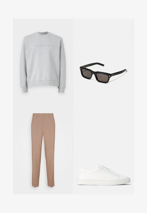 Sweatshirt cinza feito de um tecido macio. Apresenta um decote redondo, mangas longas e o logótipo em relevo "MICHAEL KORS" na parte da frente. Design simples.; Calças bege feitas à medida, em tecido liso e texturizado. Corte reto com cós e sem adornos ou bolsos visíveis.; Sneakers brancos em couro com textura suave, forma arredondada, sola de borracha plana e atacadores brancos. Apresenta um design minimalista e uma marca discreta.; Óculos de sol retangulares pretos com lentes escuras, armação de plástico espesso, detalhes em dourado nas hastes e logotipo da marca gravado na lateral.