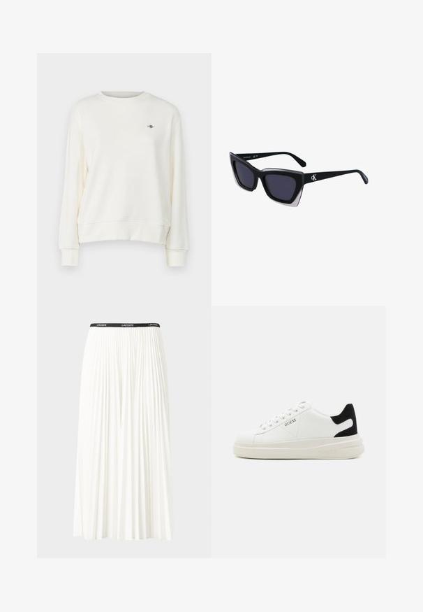 Kreemikas pullover-sweater, millel on ümmargune kaelus, pika varrukaga ja õrn logo aktsent rinnal. Pehme ja sile kangastekstuuri.; Kurtitudega valge seelik musta elastse vööga, millel on "LACOSTE" logo. Keskmise pikkusega disain pehme tekstuuriga.; Valged nahast tennisetossud paksu valge tallaga, musta sametist kontsakeeuga ja külje peal riigilogo reljeefne kujundus. Lukkeskeem kuue silmaauguga.; Mustad suured mustad prillid geomeetrilise kujuga, tumedate läätsedega ja kontrastse halli detailiga raamidel. Logo käe peal.