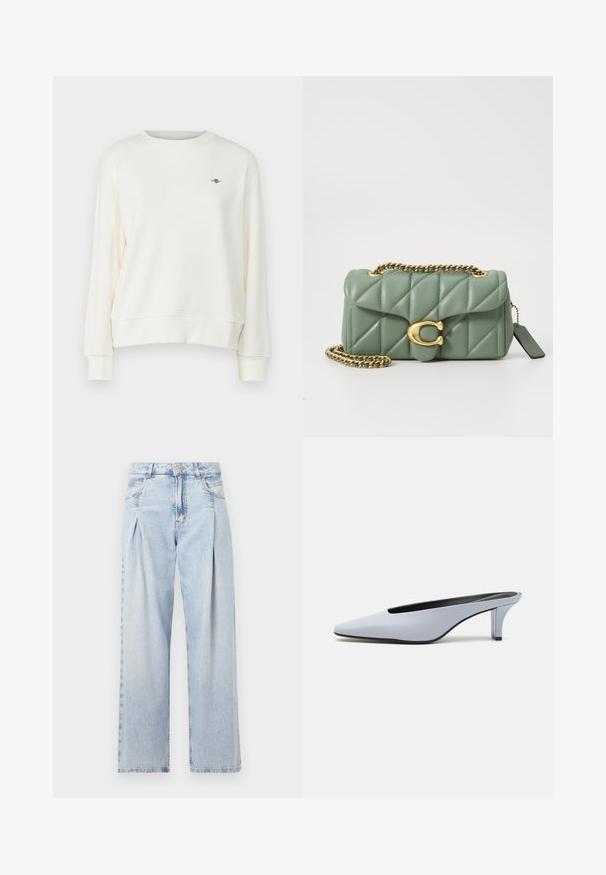 Kremo spalvos pertraukiamas džemperis su apvalia kaklo iškirpte, ilgomis rankovėmis ir subtiliu logotipo akcentu ant krūtinės. Minkšta, lygi audinio tekstūra.; Šviesiai mėlyni džinsai su aukštu liemeniu, plačiomis kojomis, dviem šoninėmis kišenėmis ir raukinių dizainu. Minkšta tekstūra su nudilusia apdaila.; Šviesiai mėlynos patentinės odos mules su smailiu priekiu, žemu permatomu kulnu ir stilingu dizainu, turinčiu išpjovą priekyje.; COACH TABBY SHOULDER BAG 20 WITH PILLOW QUILTING - Rankinė per petį - sage