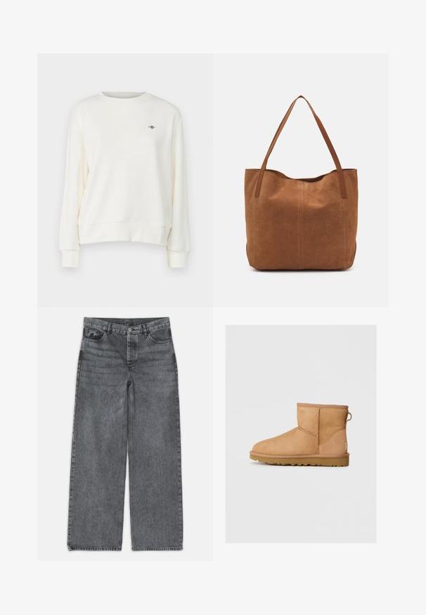 Pull-over sweatshirt in cream, featuring a round neck, long sleeves, and a subtle logo accent on the chest. Soft, smooth fabric texture.; Wide-leg jeans in dark gray denim. Features a high waist, five-pocket design, and front button closure. Smooth texture with subtle fading.; Tan suede ankle boot with round toe, stitched detailing, pull tab on back, and a textured rubber sole. Designed for comfort and warmth.; Brown suede tote bag with two long handles, featuring a smooth texture, simple design, and no visible hardware or accents.