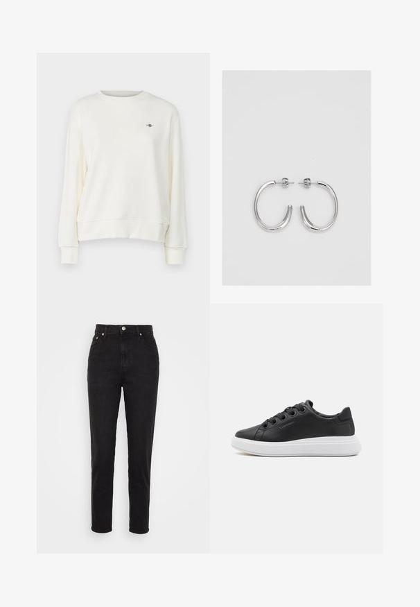 Sweatshirt i cremefarvet med rund hals, lange ærmer og en diskret logoaccent på brystet. Blødt, glat stof.; Sorte højtaljede slim-fit jeans med frontknap, bæltesløjfer og fem-lomme design på hvid baggrund.; Calvin Klein CUPSOLE LACE UP - Sneakers - black; Sølv hoop øreringe med en glat, skinnende overflade. Rundet form, letvægtsdesign med post-back lukning.