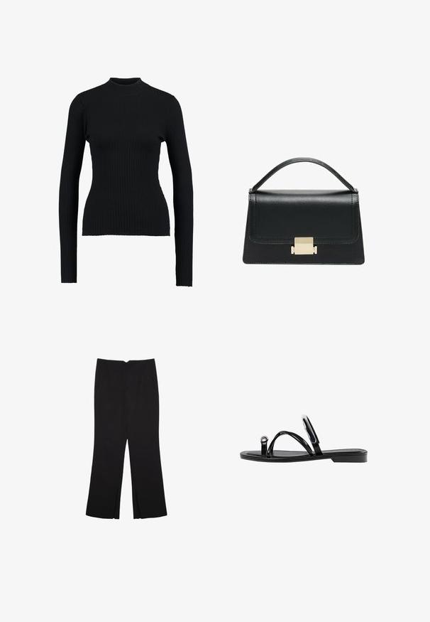 Črn rebrast pulover z visokim ovratnikom in dolgimi rokavi, ki se prilega telesu, z gladko teksturo in strukturirano silhueto.; Črne hlače ravnega kroja z naglavnimi žepi in stranskimi razporki na robu. Narejene iz mehke, gladke tkanine. Primerne za različne priložnosti.; Črne ravne sandale s sijajno končno obdelavo, tremi tankimi trakovi in okroglo kovinsko podrobnostjo na prstih. Elegantna zasnova z minimalnim peto.; Črna usnjena torbica z strukturiranim dizajnom, zgornjim ročajem in zlate kovinske sponke na sprednji strani. Gladka tekstura, minimalno šivanje.