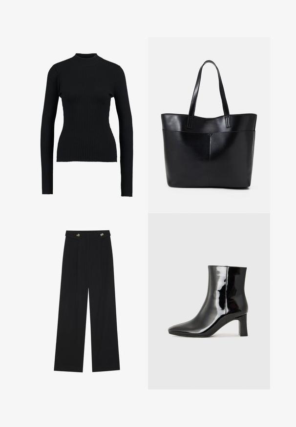 Crna rebrasta turtleneck džemper s dugim rukavima i uskim dizajnom, s glatkom teksturom i strukturiranim siluetom.; Crne hlače širokih nogavica s visokim strukom, s dugmadi na pojasu i prednjim nabora.; Crne lakirane kožne gležnjače s šiljastim prstom i srednje visokom blok petom. Glatka tekstura i minimalistički dizajn.; Crna kožna torba s dugim ručkama, glatkom teksturom i strukturiranim oblikom. Ima prednju džep za dodatno pohranu.