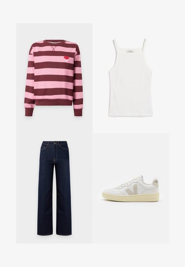 Sveter pruhovaný v marhuľovej a ružovej farbe s okrúhlym výstrihom a rebrovanými manžetami. Obsahuje vyšitý loga červených pier s textom "PARIS STUDIO".; Biely top s tenkými ramienkami, vyrobený z rebrovanej bavlnenej tkaniny, s rovnou výstrihom a čistým zakončením na spodnom leme.; Tmavomodré nohavice so širokými nohavicami vyrobené z denimu, s vysokým pásom, štyrmi vreckami a kontrastným prešívaním pozdĺž švov.; Biele kožené tenisky s béžovými semišovými akcentmi, perforovanou špičkou, plochými šnúrkami a textúrovanou krémovou podrážkou. Obsahujú jemné označenie na päte.