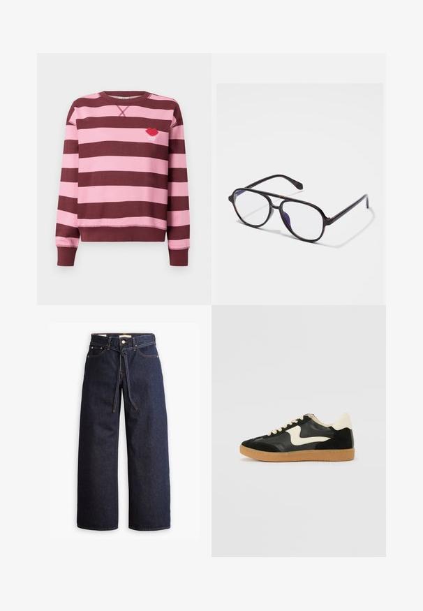Pulover în dungi vișiniu și roz, cu decolteu rotund și manșete ribbrate. Dispune de un logo cu buze roșii brodat și textul "PARIS STUDIO".; Top alb din bumbac cu bretele subțiri, realizat dintr-o țesătură răcoroasă cu nervuri, având un decolteu drept și un finisaj curat la tiv.; Blugi din denim cu talie înaltă, de culoare albastru închis, cu picior larg, dotati cu şnur pentru ajustare, cinci buzunare şi detalii de cusătură în contrast.; Tenisi din suede și piele negri cu un swoosh lateral de culoare crem și călcâi de un crem deschis. Prezintă șireturi bej și o talpă din rubber de tip gum.; Ochelari rotunzi din tartan închis, cu lentile clare. Prezentând un cadru subțire din plastic și un detaliu subtil al balamalei pe brațe.