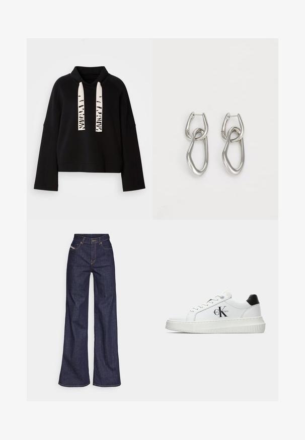 Black long-sleeve hoodie with a high collar and wide white drawstrings featuring black abstract patterns.; Dark blue wide-leg jeans in denim fabric with a high waist, featuring orange stitching, five-pocket design, and a button closure.; White low-top sneaker with black heel tab, platform sole, laces, and Calvin Klein "CK" logo on the side.; Calvin Klein STATEMENT LINKS - Earrings - silver-coloured