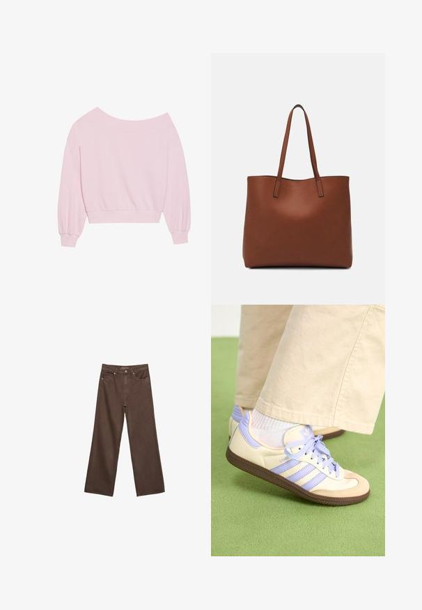 Ružový sveter s odhalenými ramenami, ktorý má dlhé balónové rukávy a priliehavý pás. Hladká textúra s rebrovanými manžetami. Žiadne vzory ani kovové prvky.; Džínsy s širokými nohavicami v hnedej farbe, vyrobené z denimu, so zvýšeným pásom, prednými vreckami a klasickým zapínaním na gombík. Hladká textúra s jemným prešívaním.; Krémovo-fialové tenisky so tromi pruhmi a štruktúrovanou hnedou podrážkou, s šnúrkami a polstrovaným opätkom. Mäkký textilný zvršok.; Hnedá kožená taška na rameno s hladkou textúrou, otvoreným vrchom a dvoma ramenými popruhmi. Má minimálne šitia a žiadne viditeľné kovania.