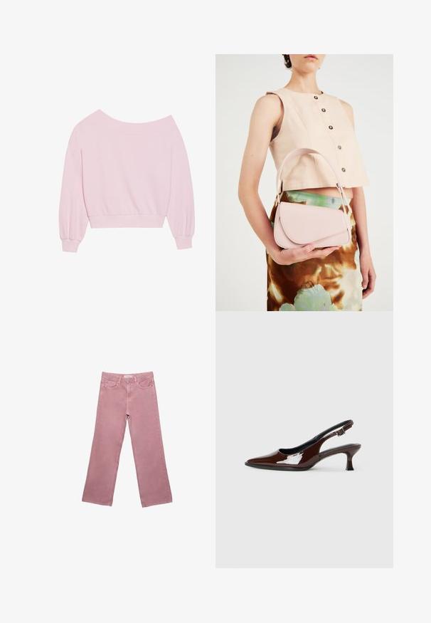 Rosa off-shoulder sweatshirt med långa ballongsärmar och åtsittande midja. Slät textur med ribbade muddarna. Inga mönster eller metalldetaljer.; Rosa vida jeans i denim, med hög midja, framfickor och subtila sömnadsdetaljer. Slät textur utan mönster.; Brun lackläder slingback-sko med spetsig tå och en måttlig klack. Utrustad med en spännband för säker passform. Slät textur.; Rosa läderhandväska med en böjd klaff, enkel axelrem och rena linjer. Väskan har en slät yta och en minimalistisk design.