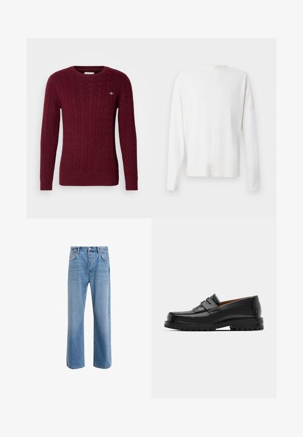 Burgundy cable-knit crewneck sweater with long sleeves and small embroidered logo on the left chest.; Long-sleeved white cotton shirt with a round neckline, side slits at the bottom, and a smooth texture, displayed from the back.; Light blue denim jeans with a straight-leg design, five pockets, button closure, minimal fading, and contrasting stitching details.; Black leather loafers feature a raised seam, two decorative straps on the upper, and a thick textured sole for added grip.