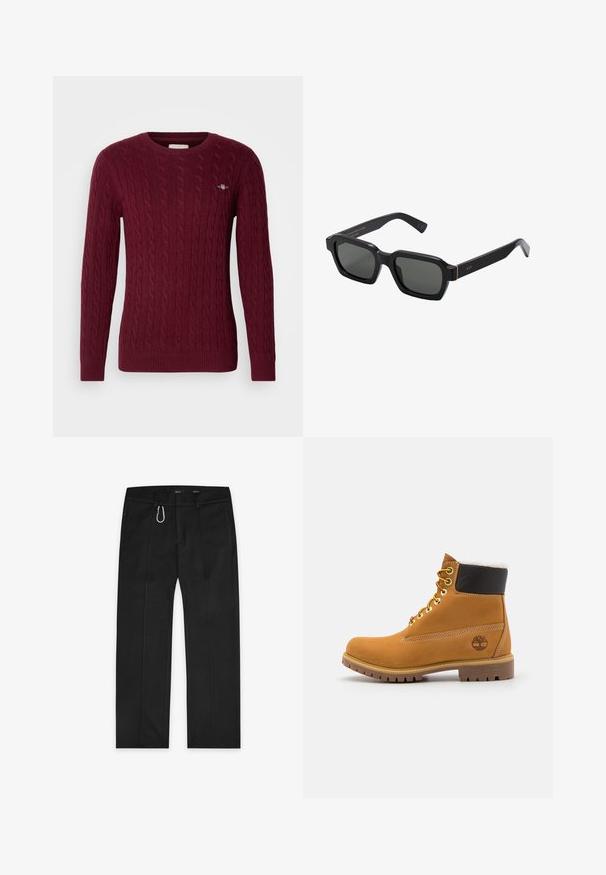 Burgundivörös, kötött, kerek nyakú pulóver hosszú ujjal és kis hímezett logóval a bal mellkason.; Fekete nadrág szőtt anyagból, egyenes szárú dizájnnal, két oldalsó zsebbel, elülső cipzárral és külső hurok részlettel.; Barna bőrből készült bokacsizma fém fűzőlyukakkal, fehér szőr béléssel, fekete párnázott gallérral, strapabíró talppal és dombornyomott logóval az oldalán.; Fekete, négyzet alakú napszemüveg szürke lencsékkel. Vastag műanyag keretek arany díszítéssel és márkázással a szárán. Sima felület.