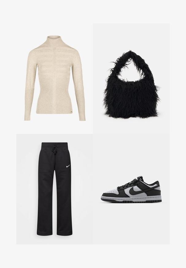 Morgan MENTOS - Neule - beige; Mustat collegehousut, jotka on valmistettu puuvillasekoitteesta, joten niissä on kiristettävä vyötärö, suoralahkeisuus ja vasemmalla puolella valkoinen Nike-logo.; Musta ja harmaa Nike Dunk matalaprofiilinen sneaker, jossa on rei'itetty varvasosa, sileät nahka-akcentit ja kumipohja, joka sisältää teksturoidun kuvion.; Even&Odd Shopping bag - black