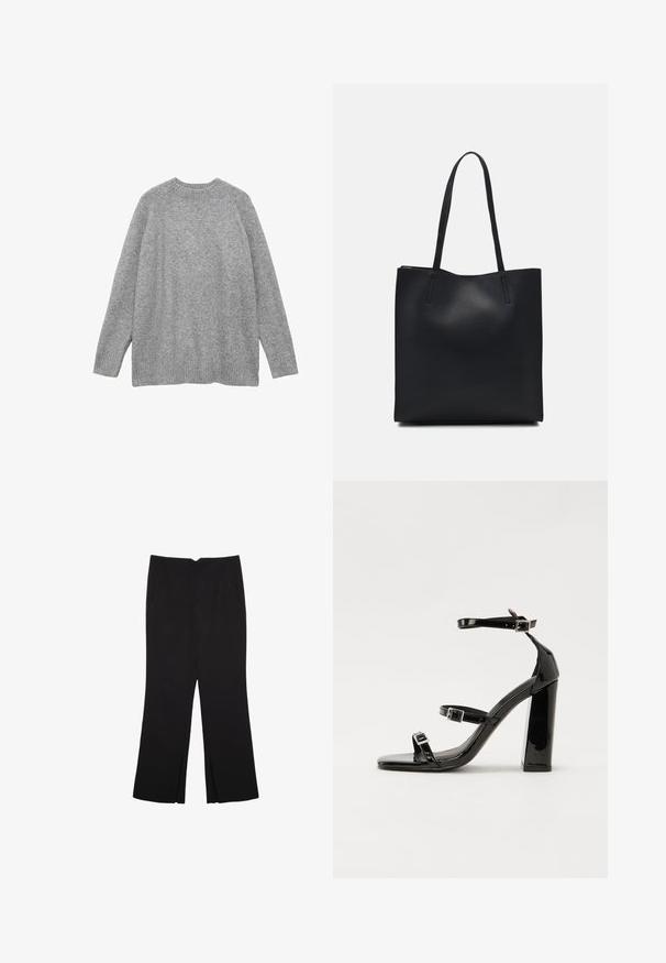 Grauer Strickpullover aus weichem Material, mit klassischem Rundhalsausschnitt, langen Ärmeln und gerippten Bündchen sowie Saum.; Schwarze Hose mit geradem Schnitt, ausgestattet mit Fronttaschen und Seitenschlitzen am Saum. Hergestellt aus weichem, glattem Stoff. Geeignet für verschiedene Anlässe.; Schwarze patentierte Sandalen mit Absatz, quadratischer Spitze, Knöchelriemen und silbernen Schnallen. Mit einem stabilen Blockabsatz für mehr Stabilität.; Schwarze Laptoptasche aus Leder mit glatter Textur, rechteckiger Form und zwei langen Griffen. Keine sichtbaren Beschläge oder Verzierungen.