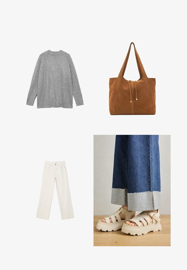 Maglione grigio lavorato a maglia, realizzato in materiale morbido, con un classico scollo a girocollo, maniche lunghe e polsini e orlo a costine.; Jeans bianchi a gamba larga in denim, con vita alta, tasche anteriori e chiusura con bottone. Design pulito e minimal con pochi dettagli.; Sandali platform beige con suole spesse presentano un design a cinturini e fettucce regolabili alla caviglia. Indossati con pantaloni in denim a gamba larga, un'orlo è sfilacciato.; Borsa a tracolla in suede marrone con due lunghe cinghie, chiusura con cordoncino e design minimalista. Texture liscia e senza elementi hardware visibili.