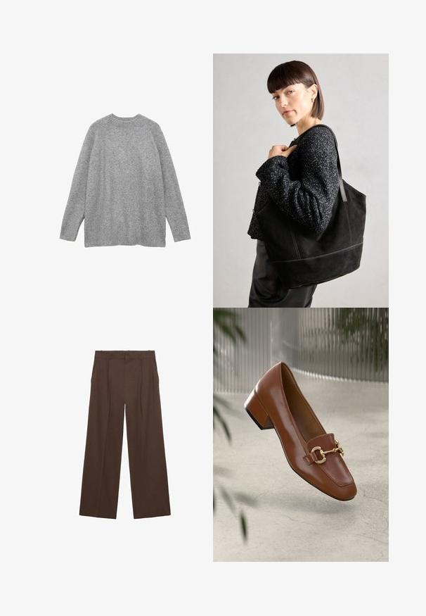 Sivi pleteni pulover od mekog materijala, s klasičnim okruglim izrezom, dugim rukavima i rebrastim manžetama i rubom.; Smeđe široke hlače napravljene od glatkog materijala, sa visokim strukom, prednjim nabiranjima i dva bočna džepa.; Smeđi lakirani loafer s kvadratnim vrhom, metalnim lancem kao naglaskom i niskom blok petom; glatka tekstura, minimalistički dizajn.; Crna suede torba s glatkom teksturom, strukturiranim oblikom i kontrastnim šavovima. Ima duge trake za nošenje preko ramena.