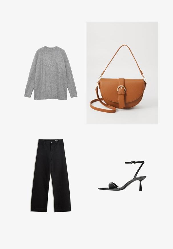 Szary sweter z dzianiny wykonany z miękkiego materiału, z klasycznym okrągłym dekoltem, długimi rękawami oraz żebrowanymi mankietami i dolnym brzegiem.; Czarne dżinsowe spodnie o szerokich nogawkach i wysokim stanie, z przednimi i tylnymi kieszeniami, przeszyciami oraz zapięciem na guziki. Gładka struktura.; Bershka - Sandały na obcasie; Brązowa skórzana torba na ramię o zaokrąglonym kształcie, ze złotymi akcentami i zapięciem w formie klamry. Posiada odpinany pasek na ramię.