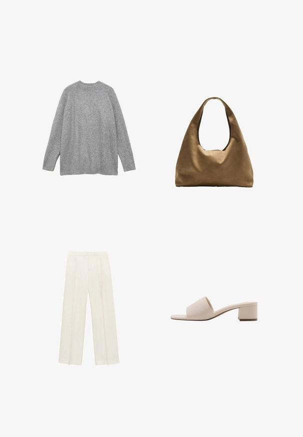 Sivi pleteni pulover od mekog materijala, s klasičnim okruglim izrezom, dugim rukavima i rebrastim manžetama i rubom.; Hlače širokog kroja u svijetloj krem boji. Izrađene su od glatkog materijala s plisama sprijeda i bočnim džepovima.; Bež sandala s blok petom, širokom trakom i otvorenim prstima. Glatki materijal i elegantan dizajn. Kratka, čvrsta peta za stabilnost.; Smeđa platnena torba za rame s širokim, zaobljenim tijelom i velikim izrezanim drškom. Mekana tekstura, minimalistički dizajn i bez vidljivog hardvera.