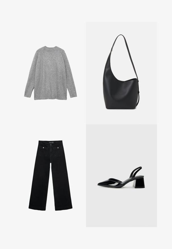 Szary sweter z dzianiny wykonany z miękkiego materiału, z klasycznym okrągłym dekoltem, długimi rękawami oraz żebrowanymi mankietami i dolnym brzegiem.; Czarne, szerokie dżinsy z wysokim stanem, z dwoma przednimi kieszeniami i metalowymi guzikami. Tkanina ma gładką fakturę.; Czarne lakierowane półbuty na obcasie z wydłużonym noskiem i geometrycznym słupkiem. Charakteryzują się eleganckim, minimalistycznym designem oraz gładką fakturą.; Czarna skórzana torba hobo o gładkiej fakturze, zaokrąglonym kształcie i pojedynczym, regulowanym pasku; posiada szerokie otwarcie na górze.