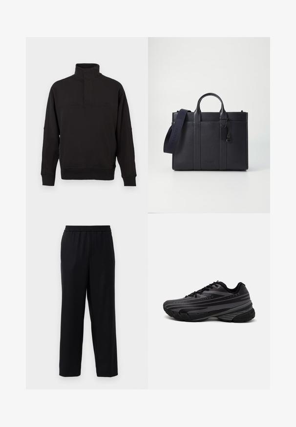 Fekete pulóver, puha pamut keverékből készült, magas nyakkal és gombos záródással, bordázott mandzsettákkal, valamint laza szabással.; Fekete nadrág, rugalmas derékpánttal, egyenes szárú kialakítással és sima, könnyű anyagból. Nincs látható zseb vagy minta.; Fekete futócipő texturált felsőrésszel, szürke csíkokkal. Vastag talp a párnázottságért, kerek orr, és lapos fűzők a biztos illeszkedés érdekében.; Sötét tengerészkék bőr aktatáska, dupla felső fogantyúval és levehető pánttal. Texturált felülettel, függőleges varrással és logó részlettel rendelkezik.