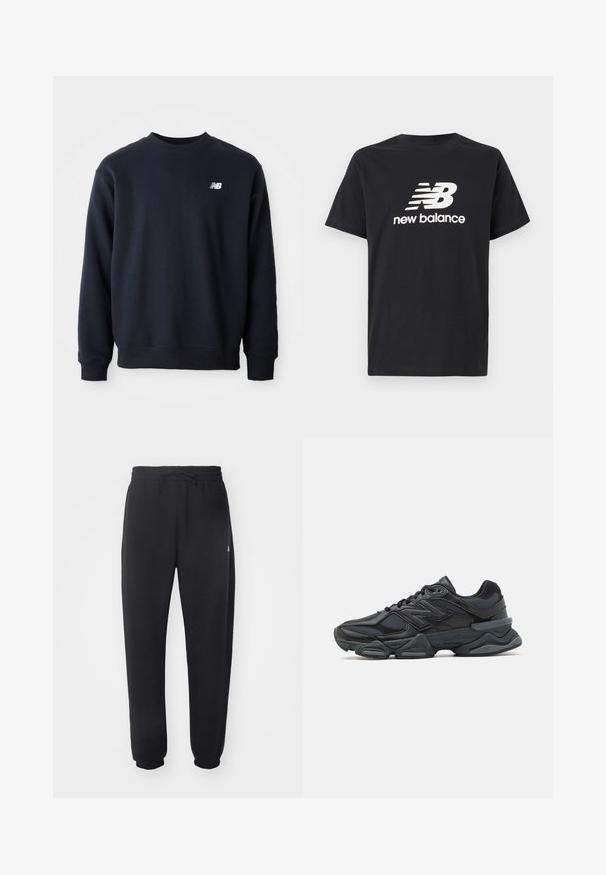 Tumedat sinine kapuutsiga sviiter, mis on valmistatud puuvilla segukangast, ümar kaelus, pikad varrukad ja rindkeres väike valge New Balance'i logo.; Mustvalge t-särk, millel on ees valge New Balance'i logo ja graafiline disain. Lühikesed varrukad ja ümar kaelus.; Mugavad mustad spordipüksid pehmest materjalist, elastse vöökoha, nööridega ja kitsenevate varrukatega, külgedel on diskreetne logo.; Mustad mustus jooksukeng, mis sisaldab segu võrgust ja sünteetilisest materjalist, jäme talla, kaarduv disain ja silmapaistev bränding külgedel.