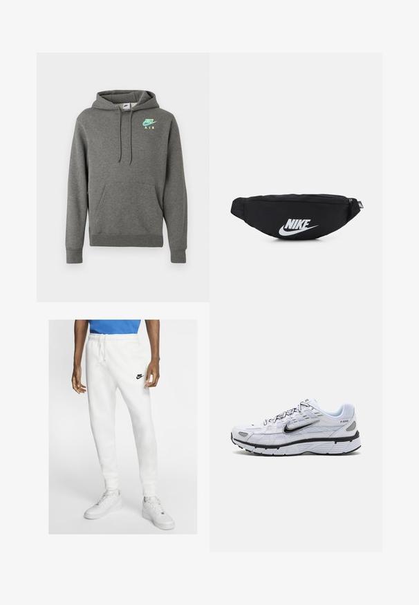 Sweatshirt Nike Air em cinza escuro com bolso frontal e logotipo em azul-neon e amarelo no lado esquerdo do peito, exibido sobre fundo branco.; Calças de atletismo brancas com cintura elástica, cordão e um logo preto da Nike. Apresentam uma textura de tecido suave e pernas ajustadas.; Sapata de corrida branca com parte superior em malha, ponta arredondada, acentos pretos e sola estampada. Apresenta atacadores e logótipo do lado.; Mochila de cintura preta em nylon com fecho com zíper, apresentando um grande logótipo branco da Nike. Textura suave e design ergonómico para um uso confortável.