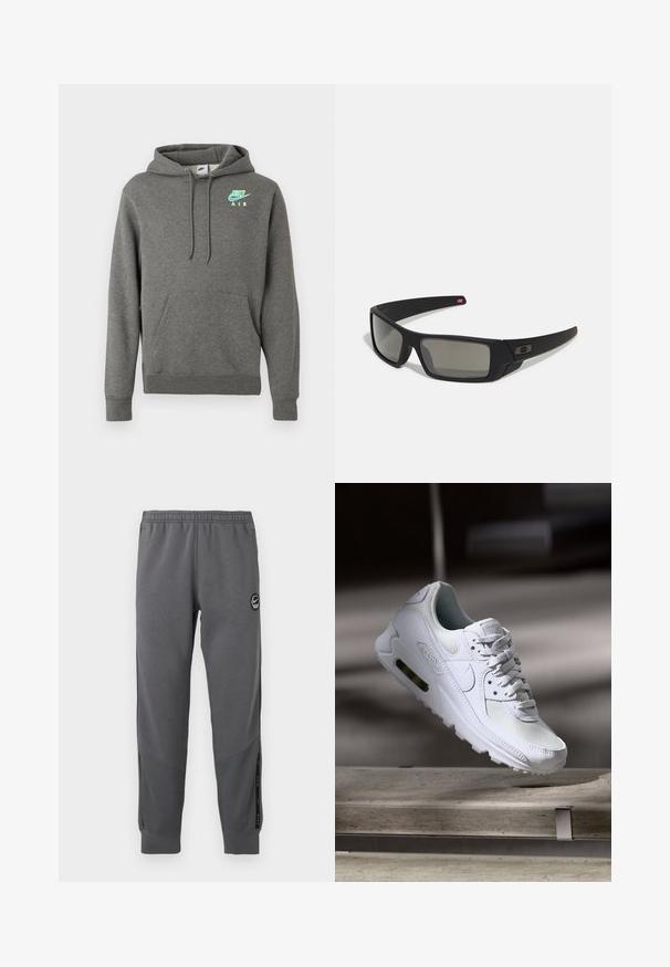Sweatshirt Nike Air em cinza escuro com bolso frontal e logotipo em azul-neon e amarelo no lado esquerdo do peito, exibido sobre fundo branco.; Calças de treino cinzentas feitas de um tecido macio, com uma cintura elástica, pernas estreitas, painéis laterais e um patch em forma de círculo.; Sapatilha Nike Air Max 90 branca com parte superior em malha e couro, caixa de dedos perfurada e uma unidade de ar visível no calcanhar.; Óculos de sol pretos com acabamento mate, lentes retangulares, leve curvatura nas hastes, detalhe sutil do logo e lentes de cor fumada.