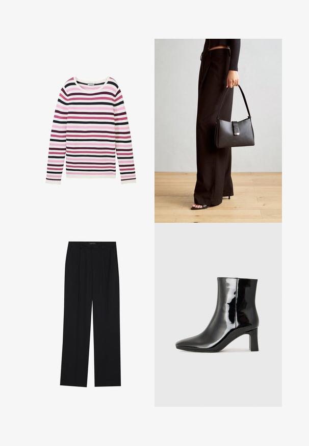 Roosa, valge ja tume lilla triibuline pikkade varrukatega särk. Omab soonilise tekstuuri ja laia ümarat kaelust.; Mustad püksid sirgjoonelise disainiga, millel on kaks esist taskut ja muudatus. Valmistatud siledast, kergekaalulisest kangast.; Must-sinine nahkjalats musta läikiva viimistlusega, millel on terav nina ja keskmise kõrgusega plokk konts. Sile tekstuur ja minimalistik disain.; Must musta kott, millel on struktureeritud kuju, sile tekstuur ja metallist klamber. Kombineeritud laiate mustade pükstega ja avatud varvaste sandaalidega puidust põrandal.