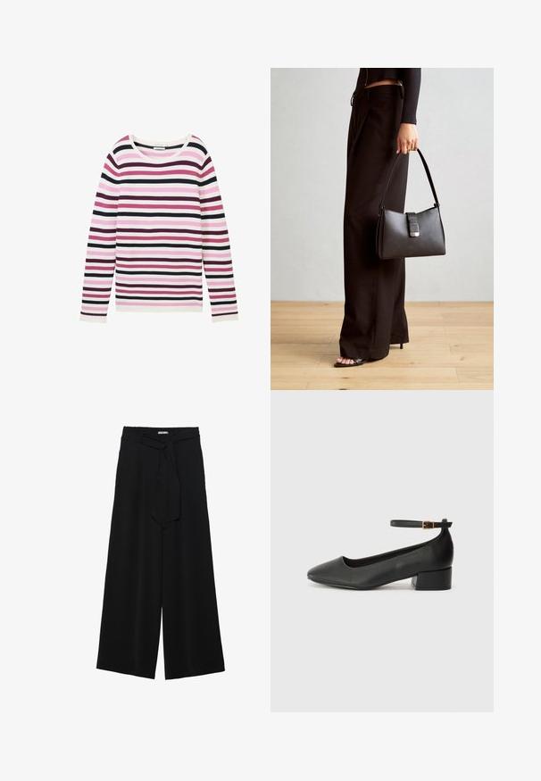 Langarm gestreifter Oberteil in Pink, Weiß und Dunkellila. Verfügt über eine gerippte Textur und einen weiten, runden Ausschnitt.; Schwarze weite Hosen aus strukturiertem Stoff, mit elastischem Bund und einem abnehmbaren Bindegürtel in der Taille für eine verstellbare Passform.; Schwarze Lederpumps mit spitzem Zehenbereich und niedrigem Blockabsatz. Mit einem Knöchelriemen und einer goldfarbenen Schnalle. Glatte Textur.; Schwarze Handtasche mit strukturierter Form, glatter Textur und einem metallischen Verschluss. Kombiniert mit weiten schwarzen Hosen und offenen Sandalen auf einem Holzboden.