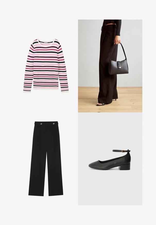 Ilgą rankovę dryžuotas marškinėliai rožinės, baltos ir tamsiai violetinės spalvų. Su raukšlėta tekstūra ir plačiu, apvaliu iškirpimu.; Juodi plačios kojos kelnės su aukštu liemeniu, sagų detalėmis ant liemens ir priekinėmis raukšlėmis.; Juodas odinis aukštakulnis batelis su smailiu pirštu ir žemu bloku. Su kulkšnies dirželiu su auksinės spalvos sagtimi. Lygus paviršius.; Juodas rankinė struktūrizuota forma, lygi tekstūra ir metalinis užsegimas. Suporuota su plačiomis juodomis kelnėmis ir atvirais bateliais ant medinių grindų.