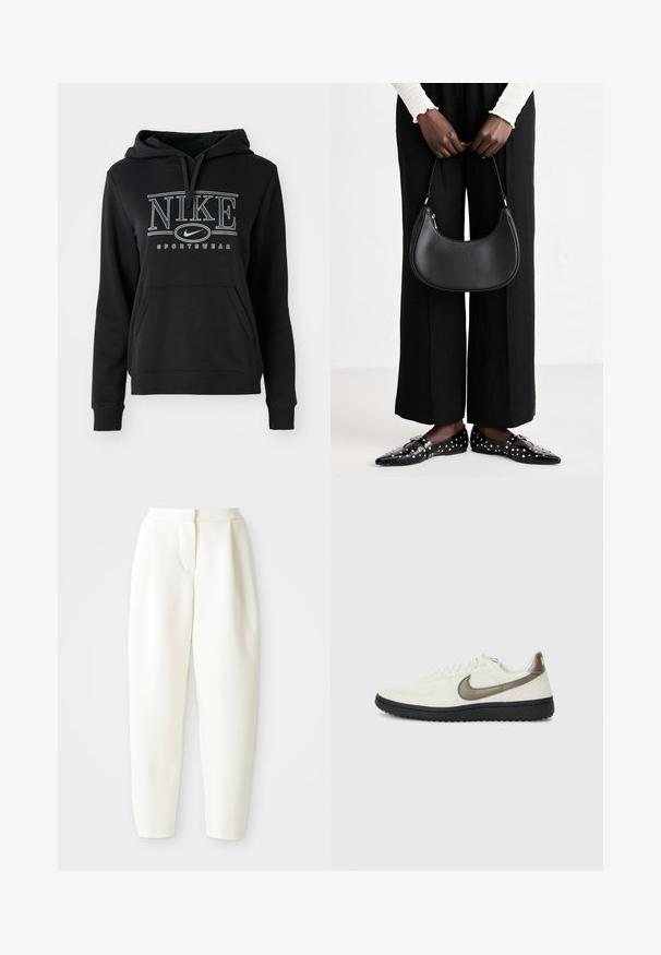 Črna Nike kapuca z vrvico, sprednji kenguru žep in drzen bel logotip z besedilom "SPORTSWEAR". Mehak tekstura tkanine.; Bela visoko pasovana tapered hlače z zadrgo na sprednji strani in stranskimi žepi, prikazane na enotnem belem ozadju.; Nike Sportswear FIELD GENERAL - Športni copati - off-white/black; Črna usnjena torba za ramo z zaokroženo obliko, sijajno površino in srebrnimi dodatki. Oseba nosi črne široke hlače in loaferje s konicami.