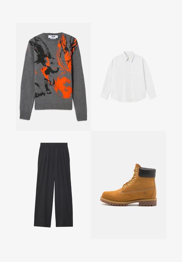 Pilkas megztinis su kontrastinga oranžine ir juoda abstrakčia schema. Apvalus iškirpimas ir apsiūtos rankovės bei apačia. Minkšta tekstūra.; Balta marškinėliai su apykakle, ilgomis rankovėmis ir suapvalintu apačiu; priekinėje dalyje apatiniame kairiajame kampe pažymėtas mažas oranžinis logotipas.; Tamsiai pilkos spalvos plačios kojos kelnės. Su klostėmis ties juosmeniu, pritaikyta konstrukcija ir tiesi siluetas.; Tan spalvą turintys suknelės batus iki kulkšnies su juodu paminkštintu apvadu, auksiniais metaliniais akių užsegimais, baltais siūlų dekoratyviniais elementais ir tvirtu guminiu padu su ryškiai išreikštais raštais.