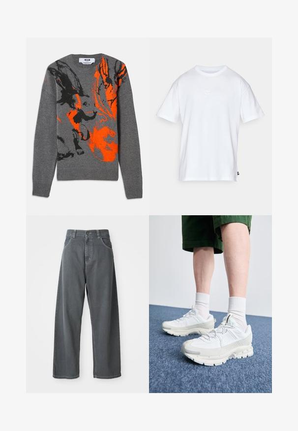Sivý pletený sveter so kontrastným oranžovým a čiernym abstraktným vzorom. Okrúhly výstrih a pružné manžety a spodný lem. Mäkká textúra.; Biela bavlnená tričko s krátkymi rukávmi a okrúhlym výstrihom. Obsahuje malé, jemné logo Nike na hrudi a božnú nálepku.; Sivé široké nohavice z denimu s vysokým pásom, ktoré majú predné vrecká, pútka na opasok a gombíkový uzáver na páse.; Biele športové topánky s textúrovanými prešívaniami, robustnou podrážkou a sivými akcentami. Nosené s bielymi ponožkami po členky a zelenými šortkami na modrom povrchu.