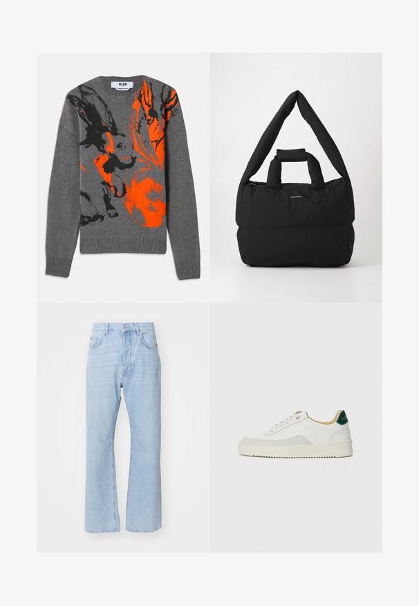Pilkas megztinis su kontrastinga oranžine ir juoda abstrakčia schema. Apvalus iškirpimas ir apsiūtos rankovės bei apačia. Minkšta tekstūra.; Šviesiai mėlyni džinsai su laisvu siluetu, tiesiomis kojomis, tradiciniu penkių kišenių stiliumi ir metaliniu mygtuko uždarymu.; Baltos sportbačiai su zomšos akcentais, apvaliu nosiu, plokščiais raišteliais ir kreminės spalvos guminiu padu. Ant kulno yra žalia ženklinimo detalė.; Juodas paminkštintas krepšys su plačia, minkšta petneša ir viršutine rankena. Sukurtas su užtrauktuku ir subtiliu logotipu priekyje.