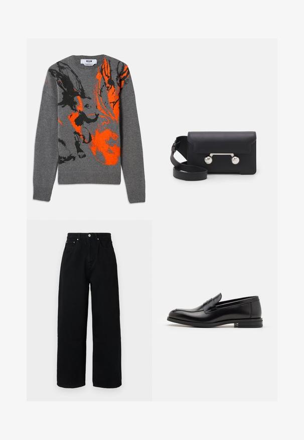 Grijze gebreide trui met een contrasterend oranje en zwart abstract ontwerp. Ronde halslijn en geribbelde boorden en zoom. Zachte textuur.; Zwarte wijde broek van katoen, met een hoge taille, voorzakken, zilverkleurige knoop en een nette zoom.; Zwarte leren instappers met een gladde textuur, ronde neus en een decoratieve band over de wreef. Lage, gestapelde hak en minimalistisch ontwerp.; Zwarte leren schoudertas met een klep, zilverkleurige hardware en twee ronde accenten. Voorzien van een afneembare schouderriem. Soepele textuur.