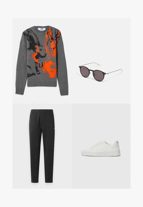Gray knitted sweater featuring a contrasting orange and black abstract design. Round neckline and ribbed cuffs and hem. Soft texture.; Black jogger pants made of soft fabric, featuring an elastic waistband, straight legs, and a single small logo detail on the side.; White leather sneaker with a smooth finish, round toe, flat laces, and a textured sole. Features a subtle logo on the heel.; Black round sunglasses with dark lenses and slim metal arms. Includes clear temple tips and silver accents at the hinge. Minimalist design.