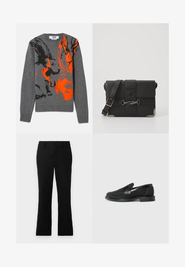 Pullover gri din tricot cu un design abstract în nuanțe contrastante de portocaliu și negru. Guler rotund și manșete și tiv ribbelate. Textură moale.; Pantaloni negri evazați dintr-un amestec de bumbac, având închidere cu nasture, cleme pentru curea și o textură netedă, fără modele vizibile.; Pantofii negri din material textil, cu accent din piele netedă pe partea superioară, design cu vârf rotund și talpă din cauciuc de profil redus.; Geantă de umăr din piele neagră, cu finisaj texturat, accente din metal, curea ajustabilă și închidere cu clapetă ce include detalii cu cataramă.