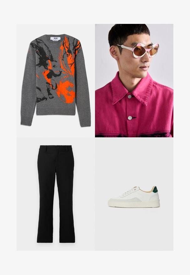 Suéter gris de punto con un diseño abstracto en naranja y negro en contraste. Cuello redondo y puños y dobladillo acanalados. Textura suave.; Pantalones de campana negros hechos de una mezcla de algodón, con cierre de botón, trabillas para el cinturón y una textura suave sin patrones visibles.; Zapatilla blanca con acentos de ante, puntera redondeada, cordones planos y suela de goma color crema. Presenta un logo verde en el talón.; Gafas de sol sobredimensionadas en blanco y rosa con un marco curvado, que cuentan con lentes de color marrón. El modelo lleva una chaqueta de mezclilla rosa con cuello.