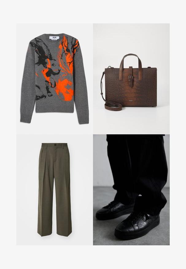 Szary sweter z dzianiny, posiadający kontrastowy pomarańczowo-czarny abstrakcyjny wzór. Okrągły dekolt oraz ściągacze na mankietach i u dołu. Miękka tekstura.; Filippa K - Spodnie materiałowe; Czarne skórzane sneakersy z teksturowanymi wzorami, z gumową podeszwą i okrągłym noskiem. Wstawki sznurowadła są czarne, co doskonale komponuje się z ciemnym designem butów.; Brązowa torebka ze skórzanym tłoczeniem w kształt krokodyla, z górnymi uchwytami i odpinanym paskiem na ramię. Posiada zapięcie na klamrę i prostokątny kształt.