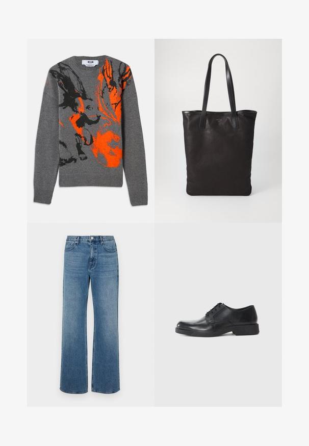 Szürke kötött pulóver, kontrasztos narancssárga és fekete absztrakt mintázattal. Kerek nyakkivágás, bordás szegélyekkel és derékkal. Puha tapintású.; Széles lábú, koptatott kék farmernadrág. Öt zsebből, elülső gombos záródásból és egyenes szabásból áll.; Fekete bőrcipő, lekerekített orral, fűzős kivitelben és alacsony blokk sarkú. Simma textúra és minimalista profil.; Fekete vászontáska fekete bőr füllel. Egyszerű dizájn, tágas test és sima textúra. Nincsenek látható logók vagy minták.