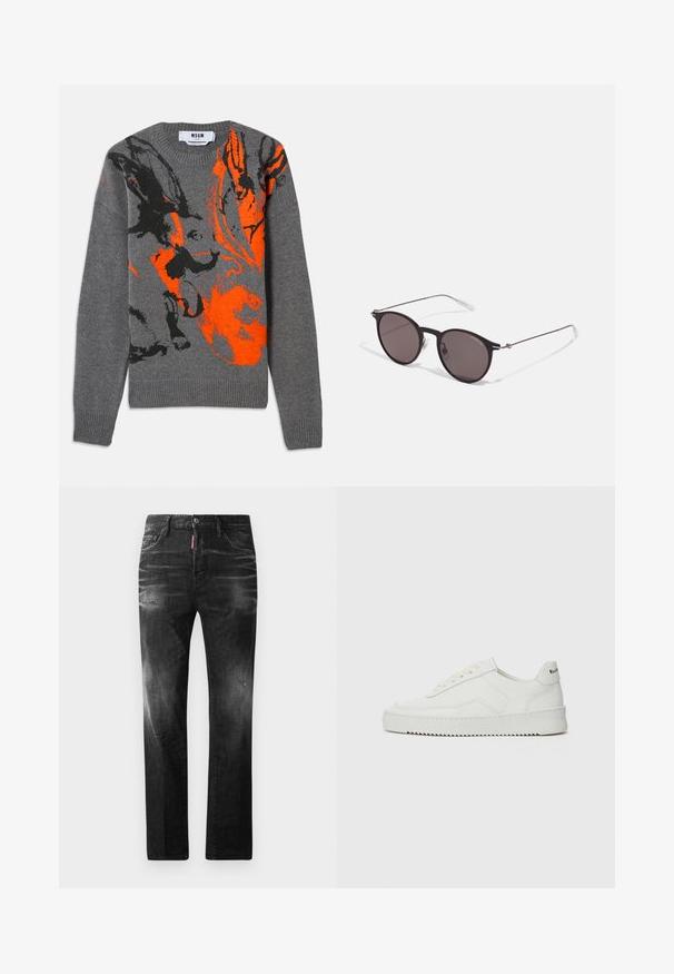 Sivý pletený sveter so kontrastným oranžovým a čiernym abstraktným vzorom. Okrúhly výstrih a pružné manžety a spodný lem. Mäkká textúra.; Čierne denimové džínsy so štandardným strihom. Obsahujú vyblednuté oblasti, drobné opotrebenie, klasický dizajn s piatimi vreckami a zapínanie na gombík.; Biele kožené tenisky s hladkým povrchom, okrúly špičkový dizajn, ploché šnúrky a textúrovaná podrážka. Obsahujú jemné logo na päte.; Čierne okrúhle slnečné okuliare s tmavými sklami a tenkými kovovými ramenami. Obsahujú priehľadné konce rámov a strieborné akcenty na pántoch. Minimalistický dizajn.