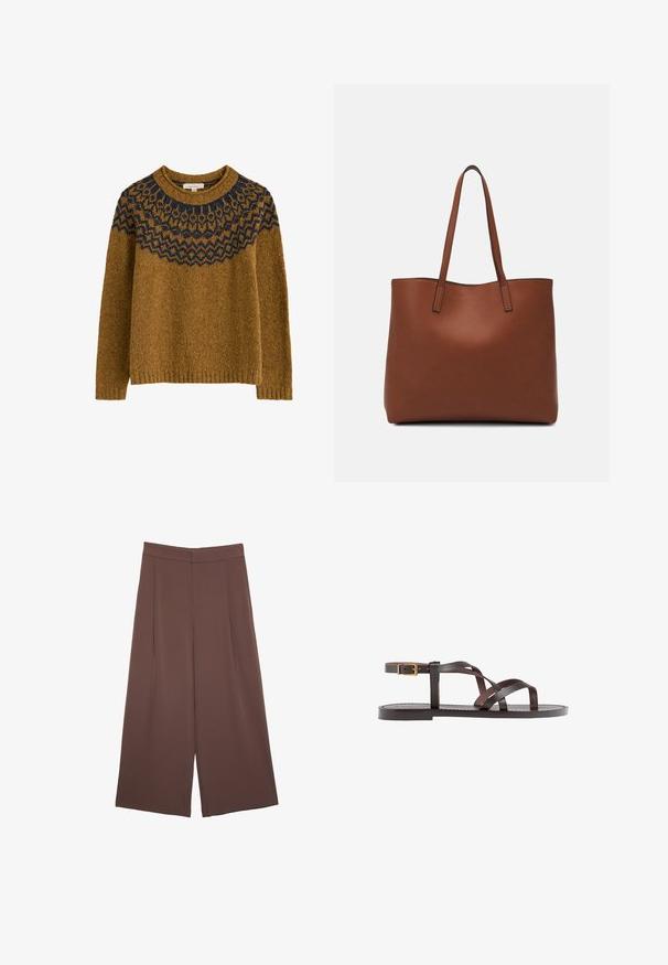 Sweter dziany w złotobrązowym kolorze z granatowym wzorem na karczku. Posiada okrągły dekolt i długie rękawy, wykonany z teksturowanego materiału.; Brązowe spodnie o szerokich nogawkach z gładką fakturą, z wysokim stanem i plisami z przodu. Materiał jest lekki i luźno opada.; Brązowe skórzane sandały z krzyżującymi się paskami, zapięciem na klamrę przy kostce oraz płaską podeszwą z minimalnymi detalami szycia.; Brązowa skórzana torba tote o gładkiej fakturze, z otwartym wierzchem i dwoma ramiączkami. Charakteryzuje się minimalnym przeszyciem i brakiem widocznych elementów metalowych.