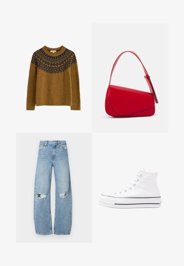 Pleteni pulover u zlatno smeđoj boji s mornarskom uzorkom na ramenu. Ima okrugli izrez i duge rukave, izrađen je od teksturiranog materijala.; Svijetloplave, visoko-strukirane traperice. Imaju široke nogavice, dva razderana područja na koljenima i klasičan stil s pet džepova.; Bijela visoka platnena tenisica s crnom gumenom potplatom, prednjim gumenim zaštitnikom prstiju i šest rupa za vezanje, s čistim, minimalističkim dizajnom.; Crvena kožna torba s kutnim, geometrijskim dizajnom. Ima jedan podesivi remen i preklopni zatvarač sa šivenim detaljima.